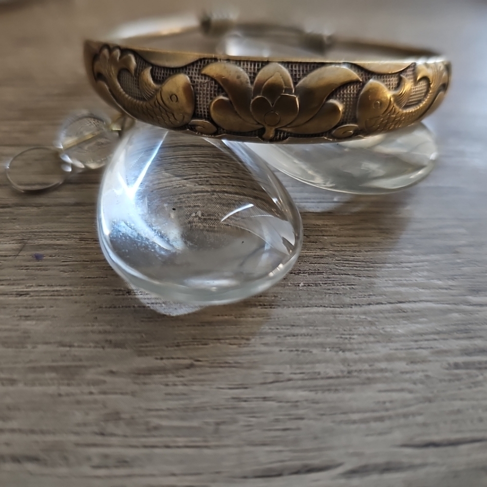 Vintage Koi Fish Bangle Bracelet Silver Tone  Lotus Flower